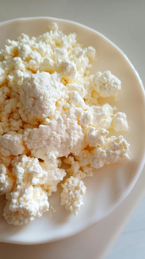 a white bowl filled with cottage cheese on top of a table, by Ruth Simpson, pexels, hurufiyya, high angle close up shot, thumbnail, foam, brocade