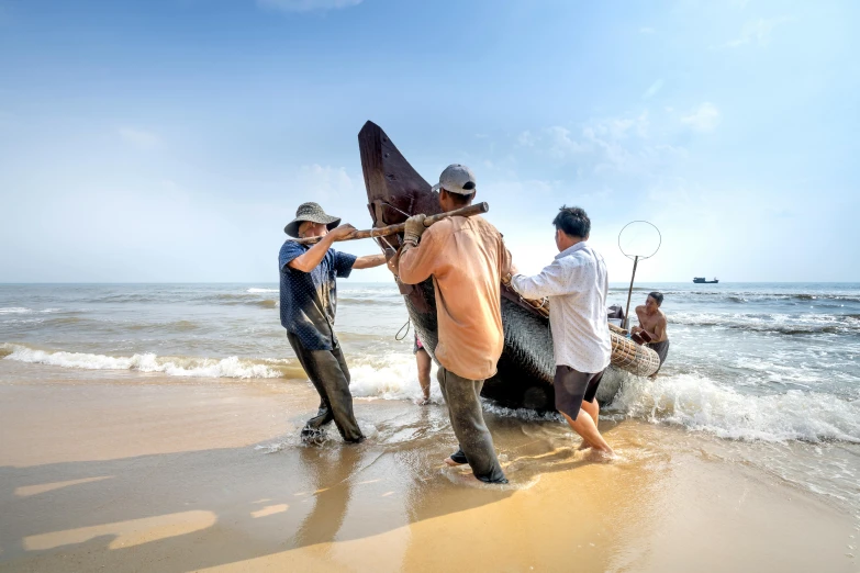 a group of men standing on top of a sandy beach, fishing boat, hoang long ly, profile image, majestic sweeping action