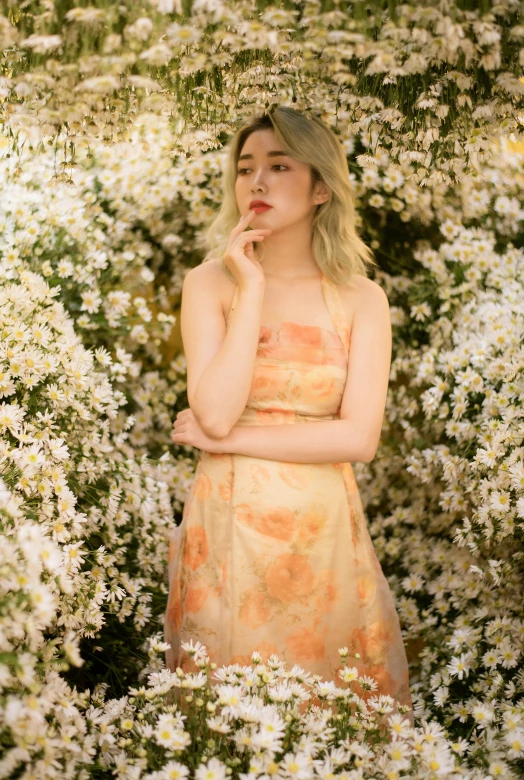 a woman standing in a field of white flowers, a picture, by Tan Ting-pho, rococo, wearing orange sundress, translucent skin, official store photo, 🤬 🤮 💕 🎀