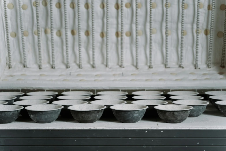 a group of bowls sitting on top of a counter, inspired by Rachel Whiteread, in rows, bakery, zinc white, intricate lining