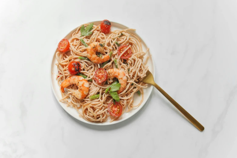 a plate of spaghetti with shrimp and tomatoes, by Carey Morris, 3 - piece, 4l, basil, snacks