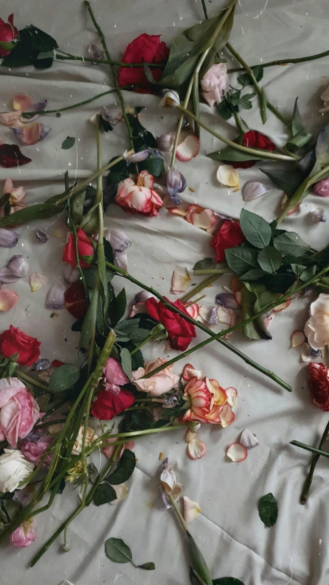 a bunch of flowers laying on top of a bed, inspired by François Boquet, trending on unsplash, romanticism, ripped fabric, scattered, payne's grey and venetian red, made of flowers