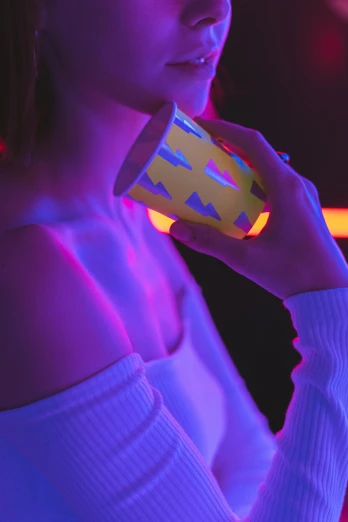 a woman is drinking out of a cup, inspired by Elsa Bleda, black light rave, 8 0 ies aesthetic, lazertag, retro aesthetic