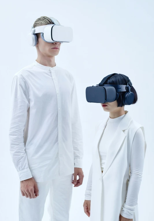 a man and a woman wearing virtual reality headsets, by Tadashi Nakayama, unsplash, neo-dada, uniform off - white sky, hyper realistic ”, trending on mentalray, full clothing