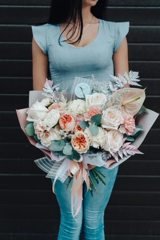 a woman holding a large bouquet of flowers, a pastel, inspired by François Boquet, pexels contest winner, elegant clean design, clear curvy details, lit up, commercially ready