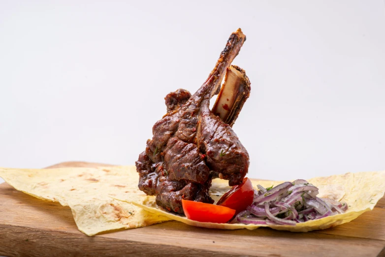 a piece of meat sitting on top of a wooden cutting board, by Will Ellis, pexels contest winner, les nabis, middle eastern, large horned tail, full colour, offering a plate of food