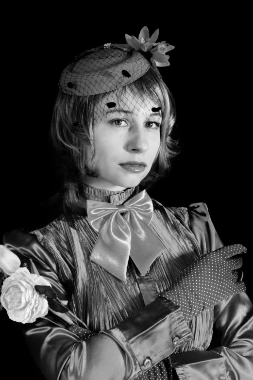 a black and white photo of a woman wearing gloves, a character portrait, inspired by Cindy Sherman, reddit, rococo, ( steampunk ), portrait n - 9, ansel ]