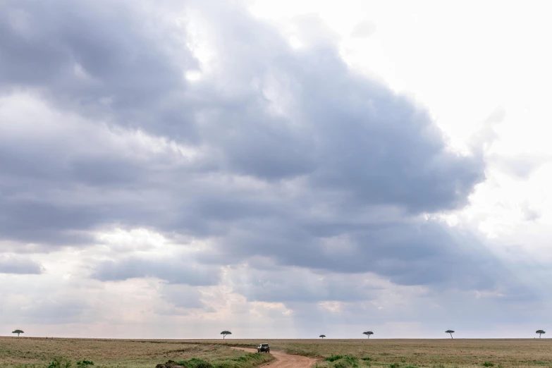 a car driving down a dirt road on a cloudy day, by Peter Churcher, hurufiyya, an expansive grassy plain, savanna, panorama view of the sky, conde nast traveler photo