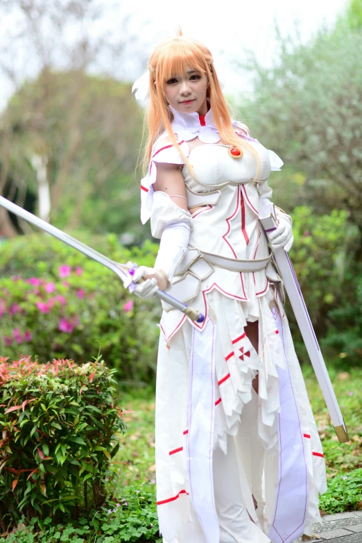 a woman in a white dress holding a sword, ayaka cosplay, photo of asuna from sao, dressed as a knight, large)}]