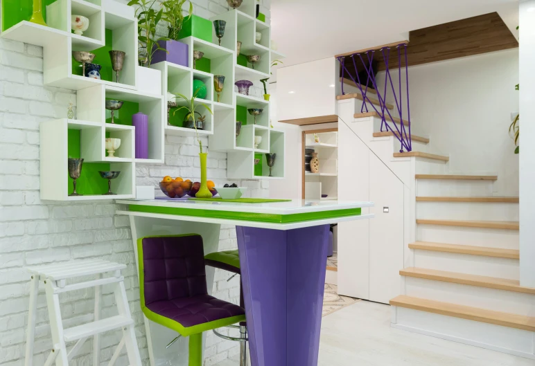 a purple and green table and chairs in a room, pexels contest winner, maximalism, penrose stairs, small kitchen, neo kyiv, multi - level