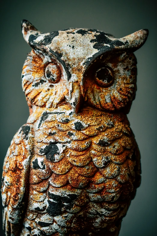 a close up of a statue of an owl, folk art, beautiful aged and rustic finish, fan favorite, crispy, ceramics