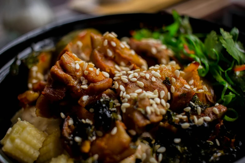 a close up of a bowl of food on a table, by Emma Andijewska, unsplash, mingei, pork, chicken, luscious with sesame seeds, middle eastern