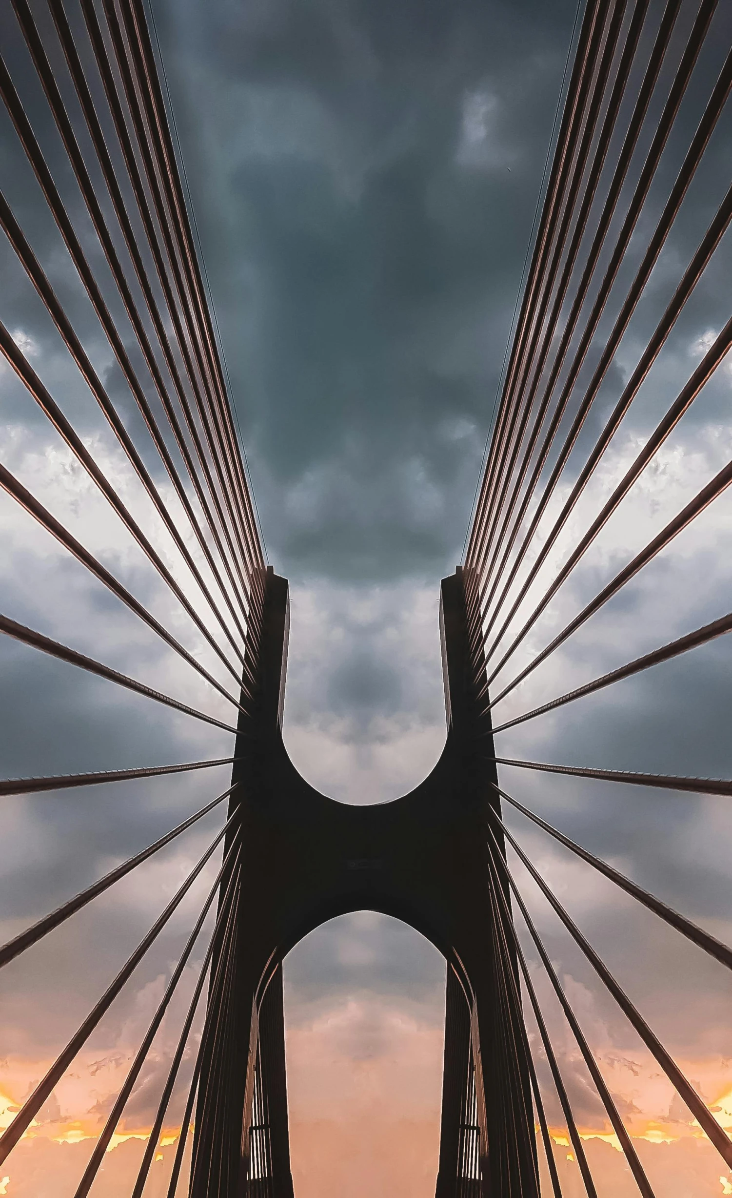 a bridge over a body of water under a cloudy sky, an album cover, by Joze Ciuha, pexels contest winner, hypermodernism, cables, symmetrical image, in sao paulo, high quality photo