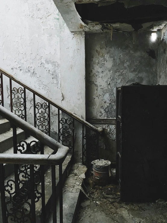 a set of stairs in a run down building, by Lucia Peka, fan favorite, cellar, promo image, soviet apartment