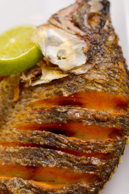 a close up of a fish on a plate with a lime, very crispy, thumbnail, f/4.5, cheeks