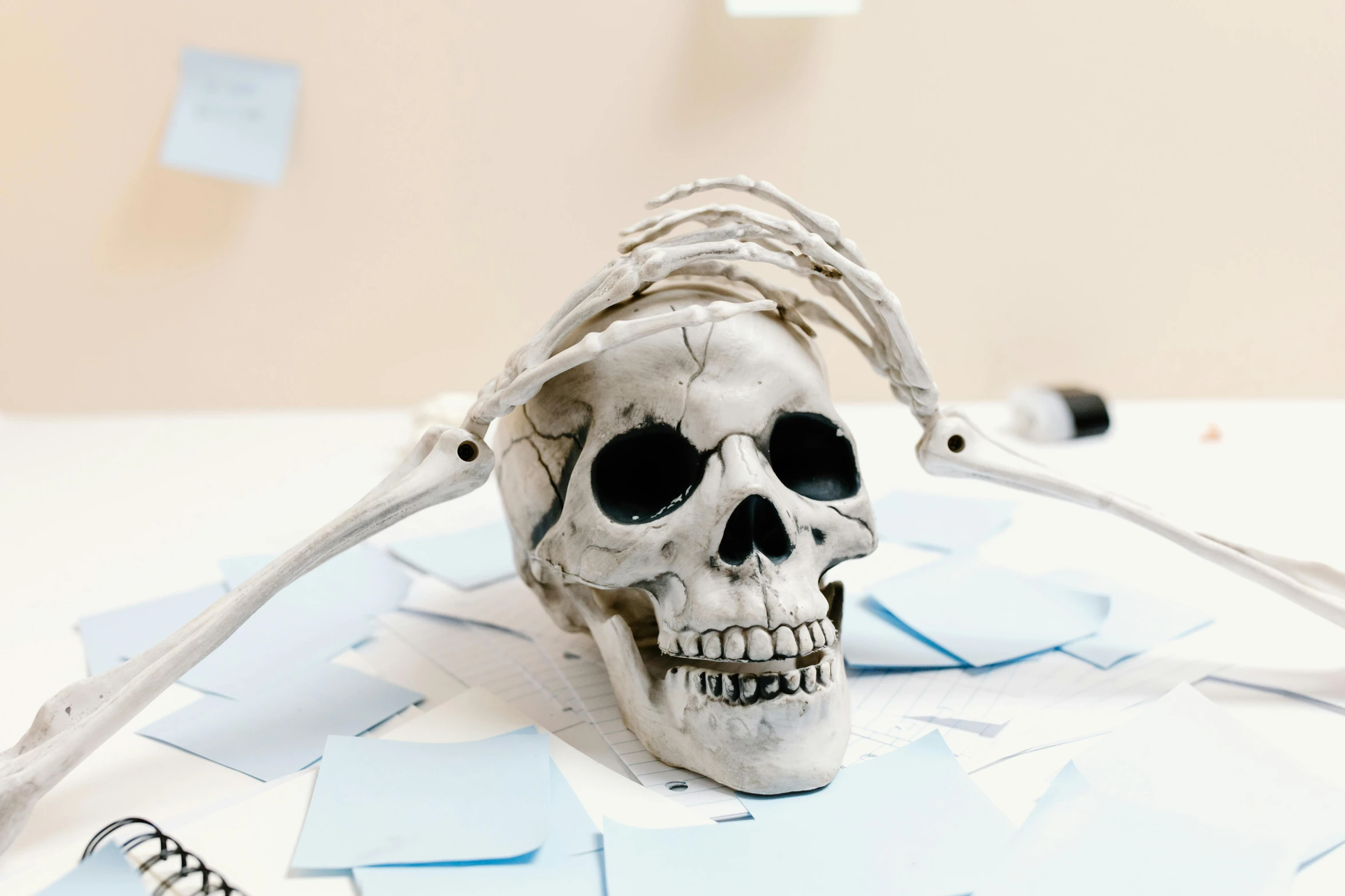 a skeleton sitting on top of a table covered in post it notes, trending on pexels, skull cane, on a white table, white head, no - text no - logo