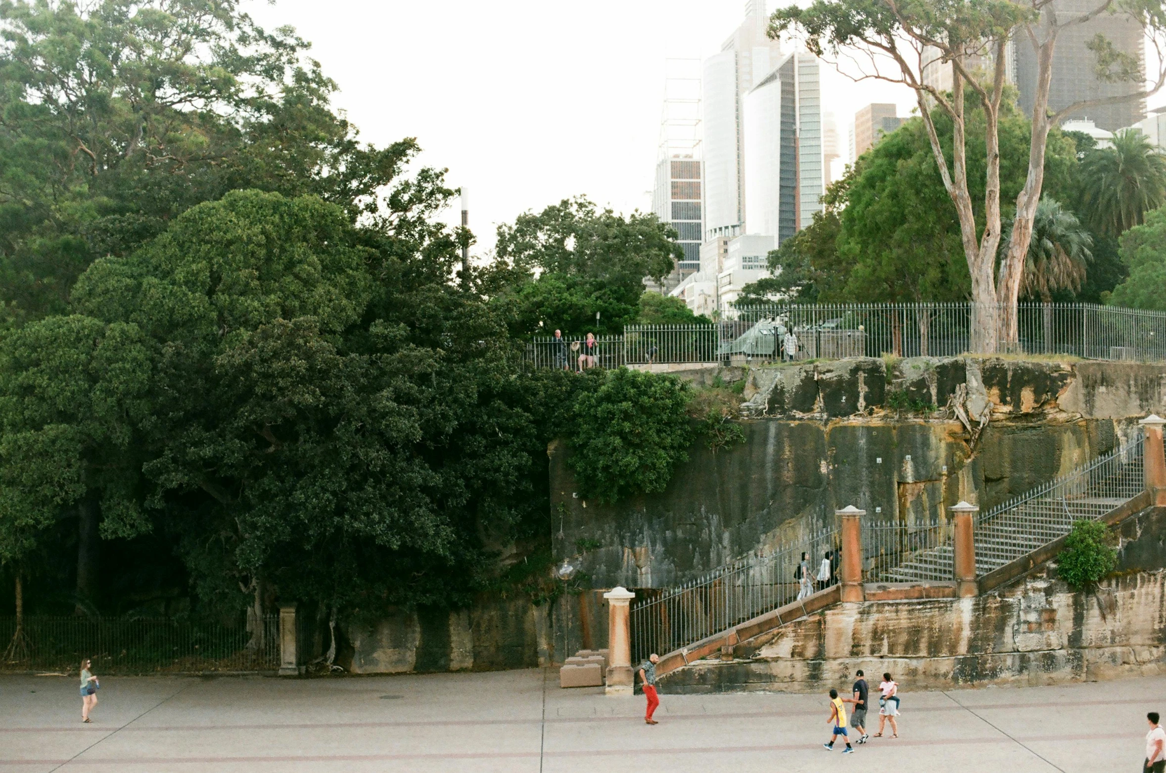 a group of people playing a game of frisbee, an album cover, inspired by Thomas Struth, unsplash, in chippendale sydney, staggered terraces, exterior botanical garden, tiny people walking below