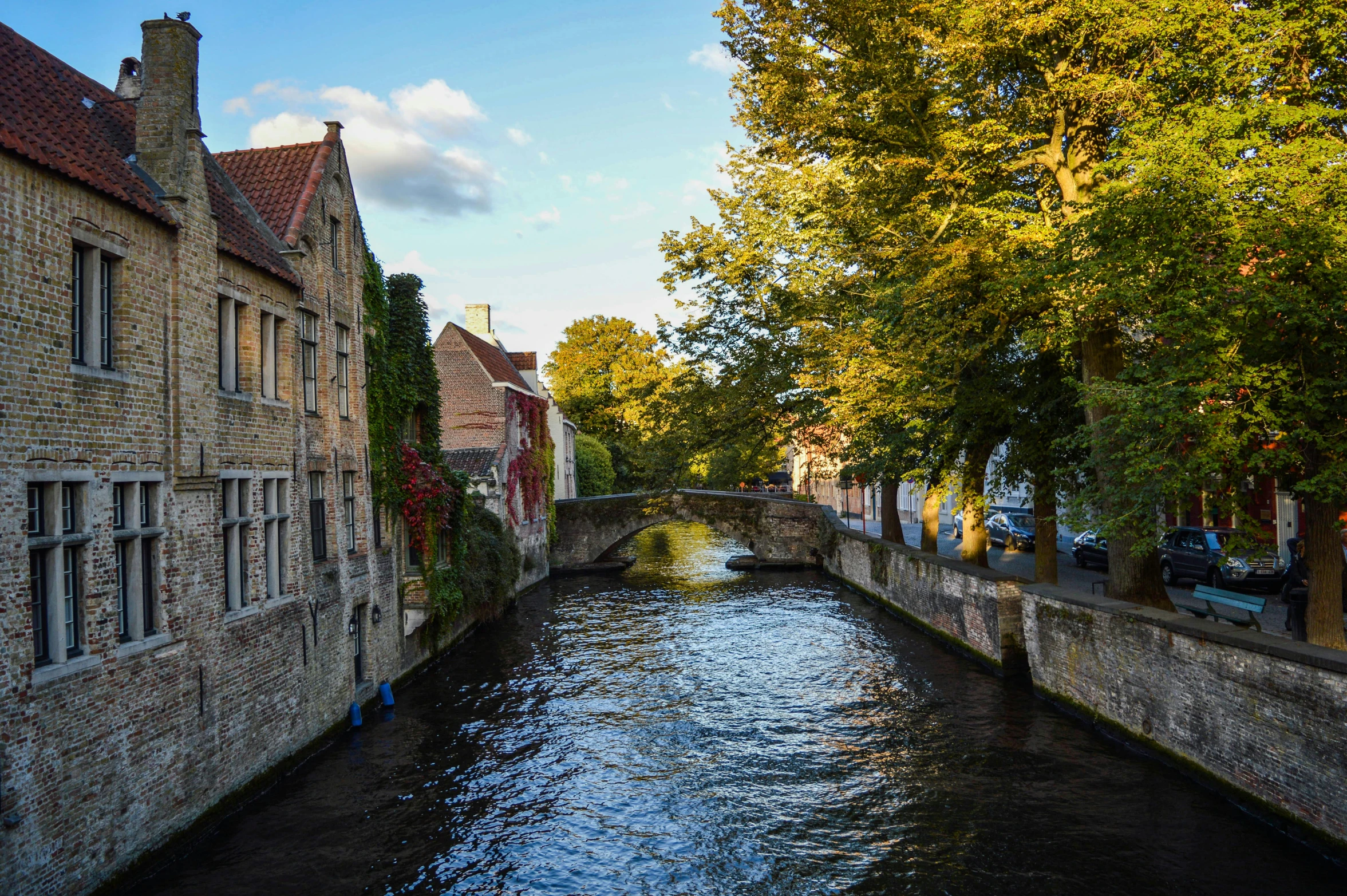 a river running through a small town next to tall buildings, a photo, by Jan Tengnagel, renaissance, dappled in evening light, olive green and venetian red, square, belgium