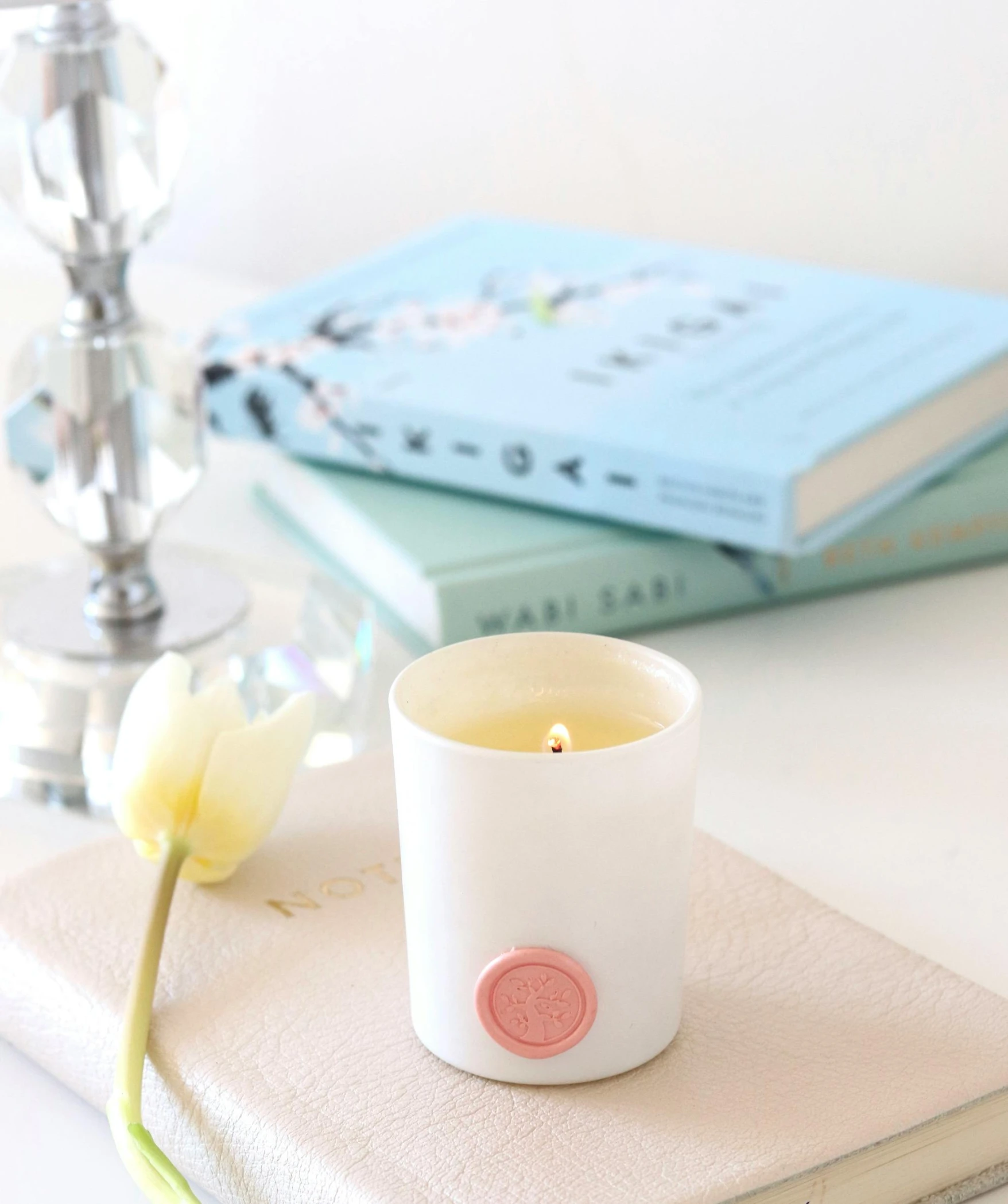 a candle sitting on top of a book next to a flower, pink white turquoise, in the middle of the day, brightly lit room, product shot