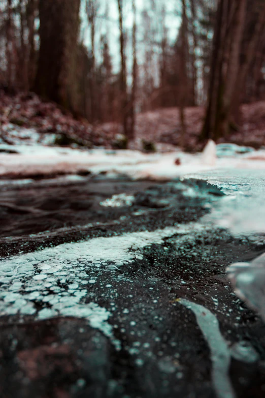 a stream running through a forest filled with snow, an album cover, inspired by Elsa Bleda, pexels contest winner, partially bloody crystallized, low - angle shot, wet asphalt, chemistry