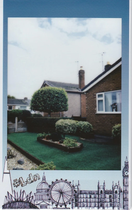 a picture of a house and a ferris wheel, a polaroid photo, inspired by Thomas Struth, grass. kodak, topiary, low quality photo, shot from roofline