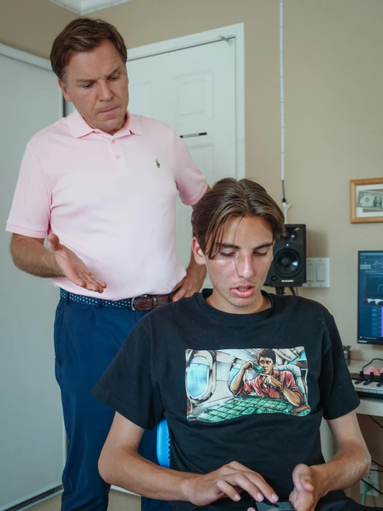 a man sitting in a chair looking at a cell phone, vocal tract model, greg rutkowski and alex ross, profile image, low quality photo