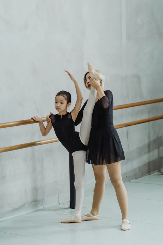 a couple of young girls standing next to each other, by Zeen Chin, pexels contest winner, arabesque, teaching, wearing leotard, black, dress