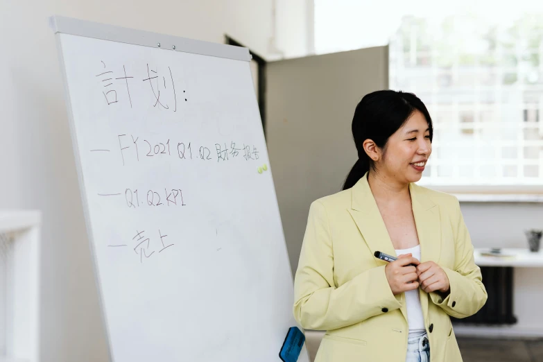 a woman standing in front of a white board, by helen huang, language, background image