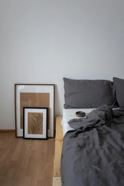 a bed room with a neatly made bed and a picture on the wall, by Harvey Quaytman, pexels contest winner, visual art, flax, slate, eucalyptus, two models in the frame