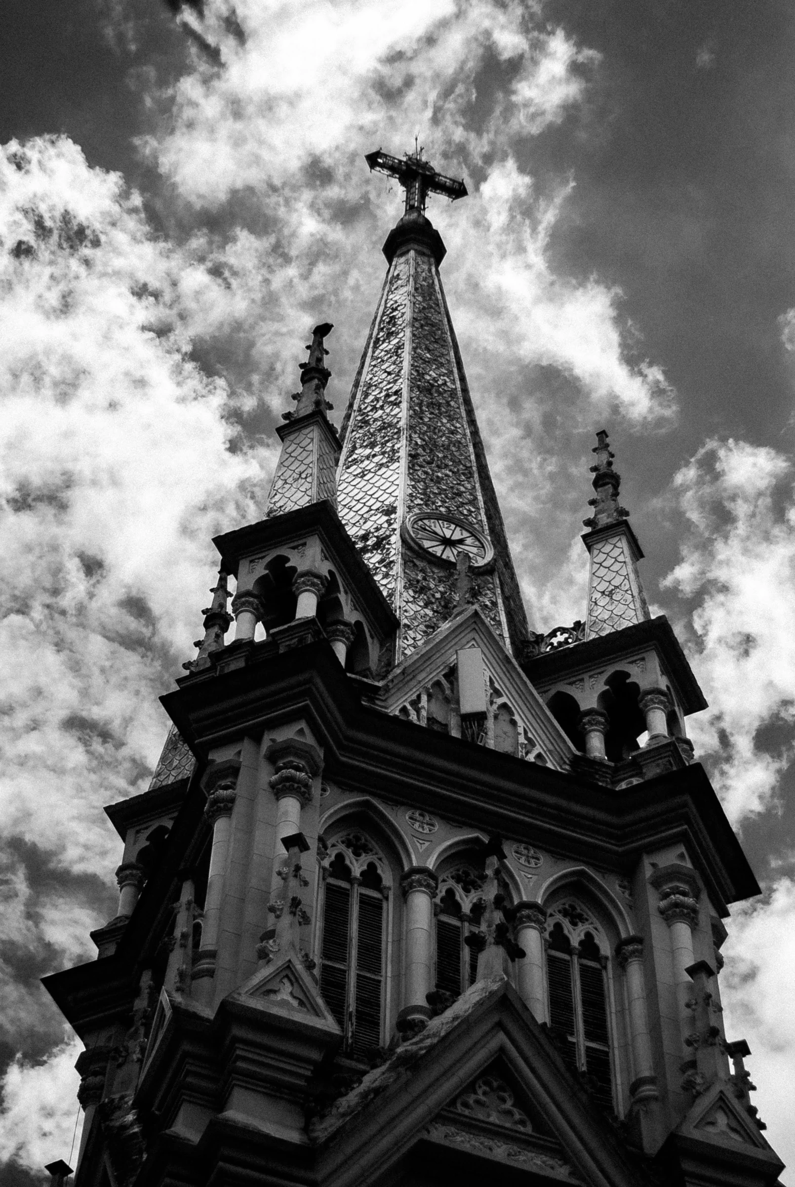 a black and white photo of a church steeple, inspired by Gustave Dore, baroque, in sao paulo, heaven!!!!!!!!, marilyn church h, temples