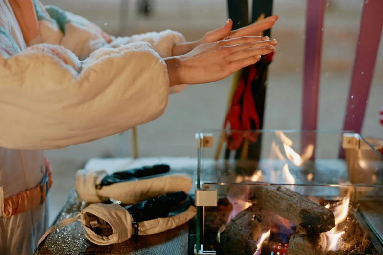 a woman that is standing in front of a fire, white elbow gloves, rituals, peak experience ”, rectangle