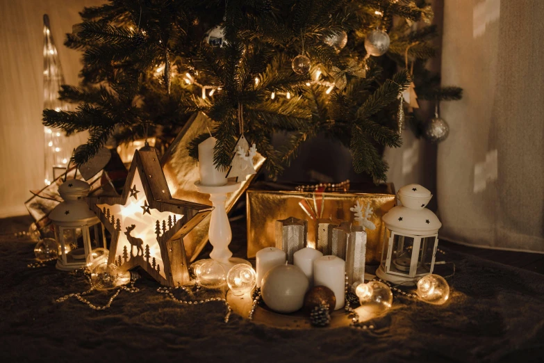 a christmas tree with a lot of lights on it, a photo, by Julia Pishtar, pexels contest winner, baroque, cozy candlelight, fossil ornaments, brown and white color scheme, profile image