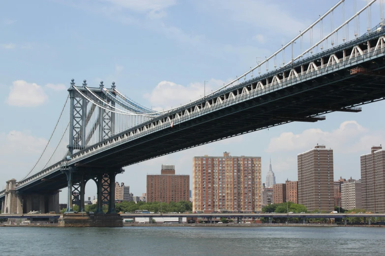 a bridge over a body of water with buildings in the background, high bridges, 2022 photograph, new york buildings, 4k image”