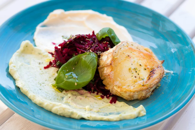 a close up of a plate of food on a table, by Alice Mason, hasbulla, mashed potatoes, basil gogos, maroon