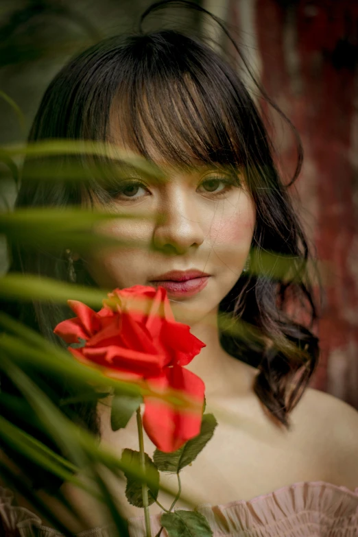 a woman in a pink dress holding a red rose, inspired by Kim Du-ryang, shot with sony alpha, ((portrait)), lustful vegetation, headshot portrait