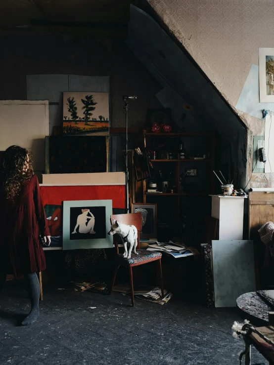 a couple of people that are standing in a room, a fine art painting, pexels contest winner, arbeitsrat für kunst, woman and cat, studio setup, inspect in inventory image, profile picture