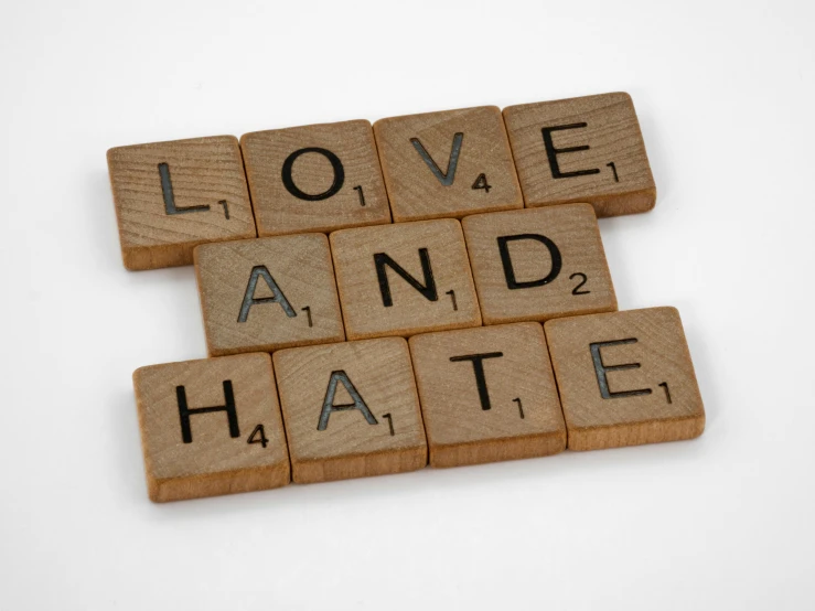 scrabbles spelling love and hate on a white background, a picture, inspired by Banksy, unsplash, avatar image, tan, 3 4 5 3 1, oppression