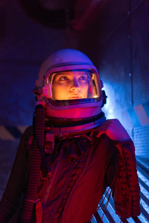 a close up of a person in a space suit, inspired by roger deakins, light and space, pilot girl, passengers, halls of space, intense lighting