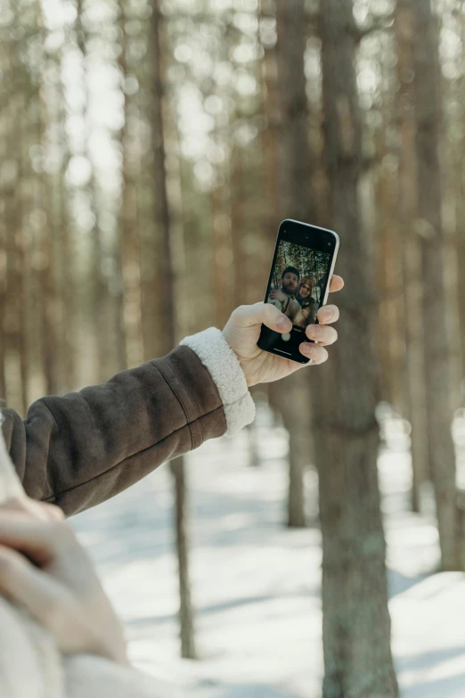 a woman taking a picture of herself in the woods, pexels contest winner, realism, winter, cell phone, brown, plain