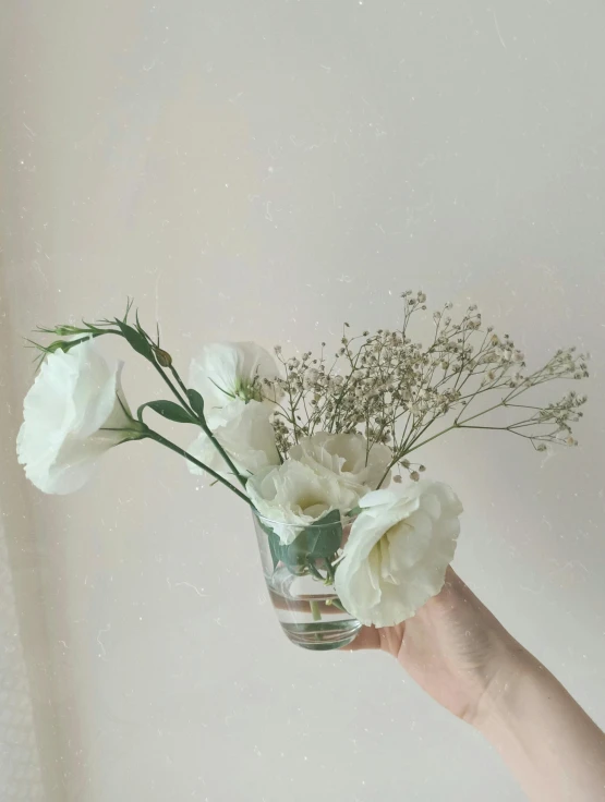 a person holding a vase with flowers in it, by Rebecca Horn, trending on unsplash, small square glasses, gradient white to silver, ignant, vintage inspired