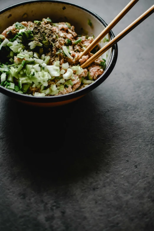 a close up of a bowl of food with chopsticks, dwell, starry, ready, thumbnail