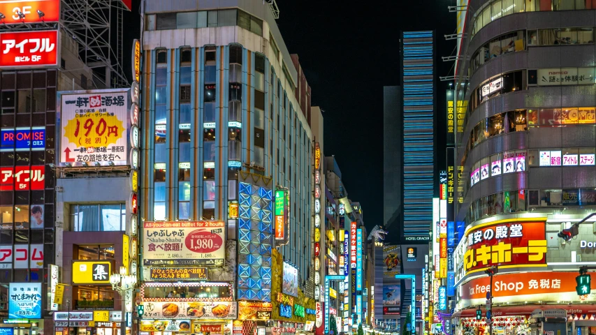 a city street filled with lots of tall buildings, inspired by Kanō Naizen, pexels contest winner, ukiyo-e, neon shops, square, high resolution photograph, ad image