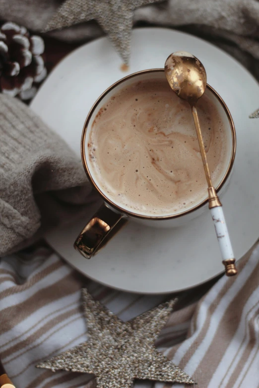 a cup of hot chocolate sitting on top of a white plate, a portrait, by Lucia Peka, trending on pexels, baroque, marble and hint gold, holiday, spoon, thumbnail