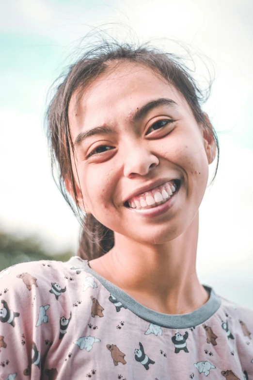 a close up of a person smiling at the camera, a picture, inspired by Ruth Jên, pexels contest winner, portrait of normal teenage girl, cindy avelino, welcoming grin, smiling down from above