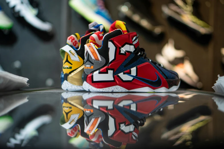 a pair of sneakers sitting on top of a glass table, toyism, lebron james, high quality upload, slide show, stacked