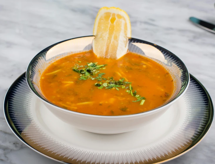 a bowl of soup with a lemon wedge sticking out of it, hurufiyya, square, monsoon, medium level shot, highly polished