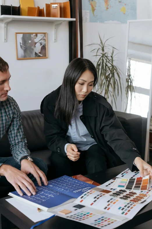 a couple of people that are sitting on a couch, analytical art, art materials, wearing business casual dress, on a table, planning