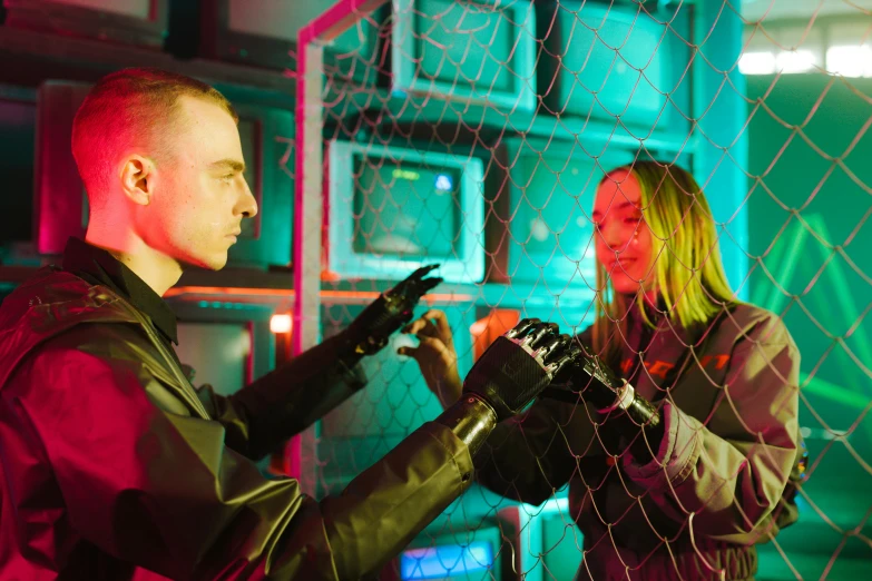 a couple of people standing next to each other, cyberpunk art, by Emma Andijewska, pexels contest winner, in a cyberpunk themed room, billie eilish, cybernetic hands, scene from a rave