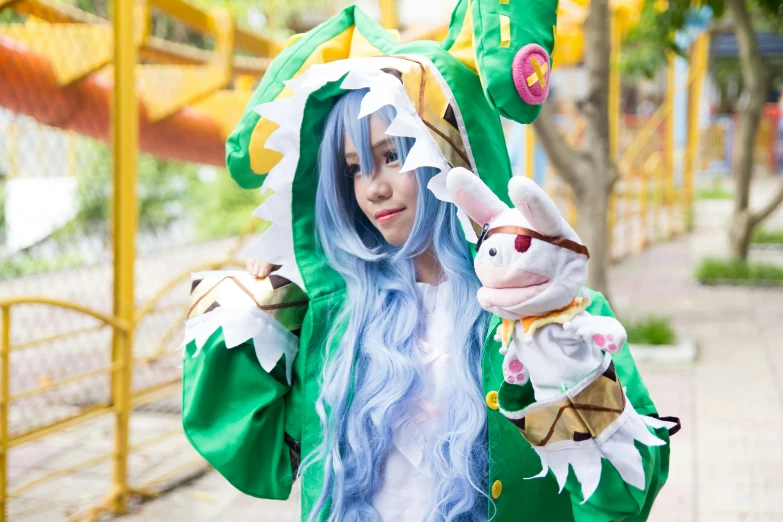 a close up of a person wearing a costume, by Kanbun Master, green wavy hair, wearing a bunny suit, ragnarok online, avatar image