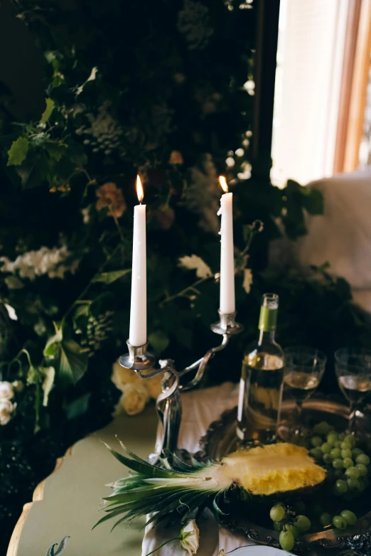 a close up of a plate of food on a table, inspired by Konstantin Somov, unsplash, romanticism, white candles dripping wax, silver，ivory, entwined in vines and nature, indoor shot